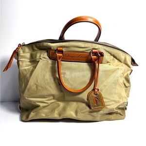 Dooney & Bourke Tan Nylon Duffel Bag with Brown Leather Accents and Pink Inter